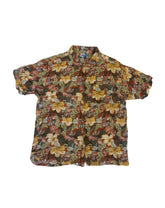 Vintage 80s yellow orange green hibiscus floral palm Hawaiian party beach rayon shirt size XL